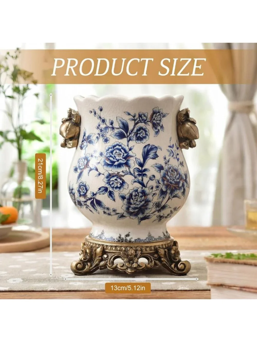 Vintage Blue & White Ceramic Vase, Gold Pedestal Chinoiserie Floral Urn, 8.3